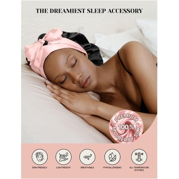 Silk Sleep Bonnet Women Men Black Rose 100% Mulberry Hair Protect Deep Sleep main image 5